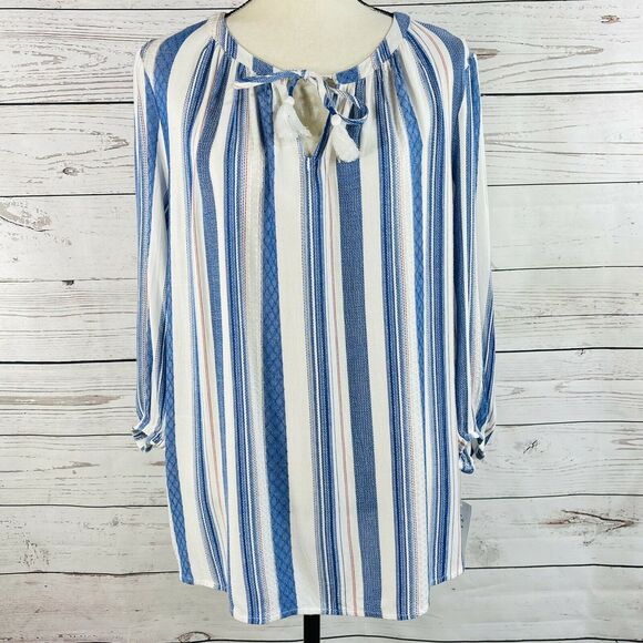 Style & Co Small Top 3/4 Puff Sleeves Tie Keyhole Neck Lightweight Striped New - Picture 1 of 9